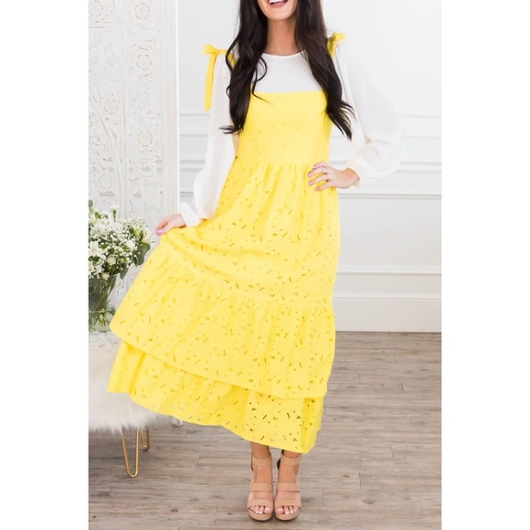 Flying Tomato Sunny Yellow Floral Eyelet Double Ruffle Maxi Dress - Picture 10 of 13